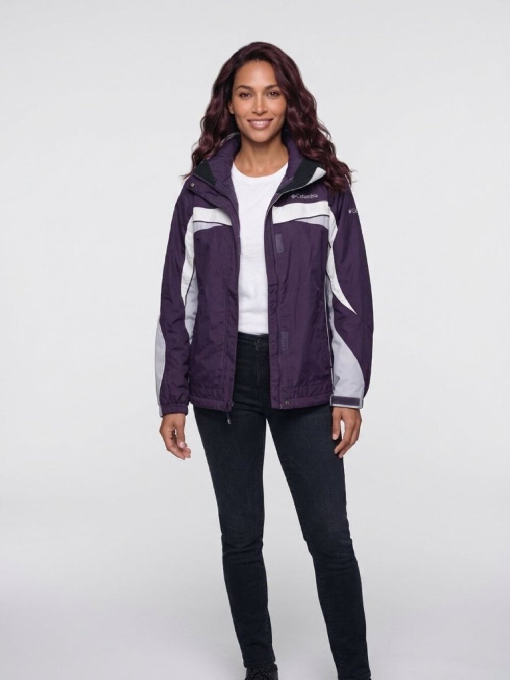 Columbia Womens Waterproof Purple Jacket With Removable Hood & Reflective Panels